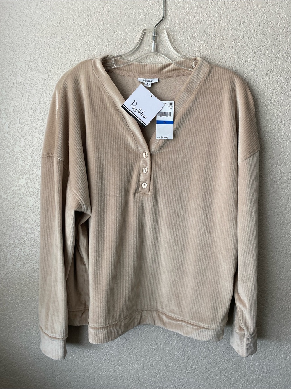 Roudelain Women's Long-Sleeve Ribbed Velour Pajama Top ONLY  / Color: Goat XL